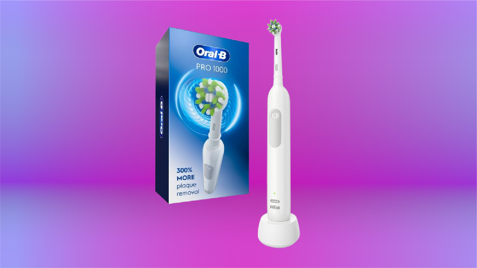 The Oral B Pro 1000 on display against a purple gradient background.