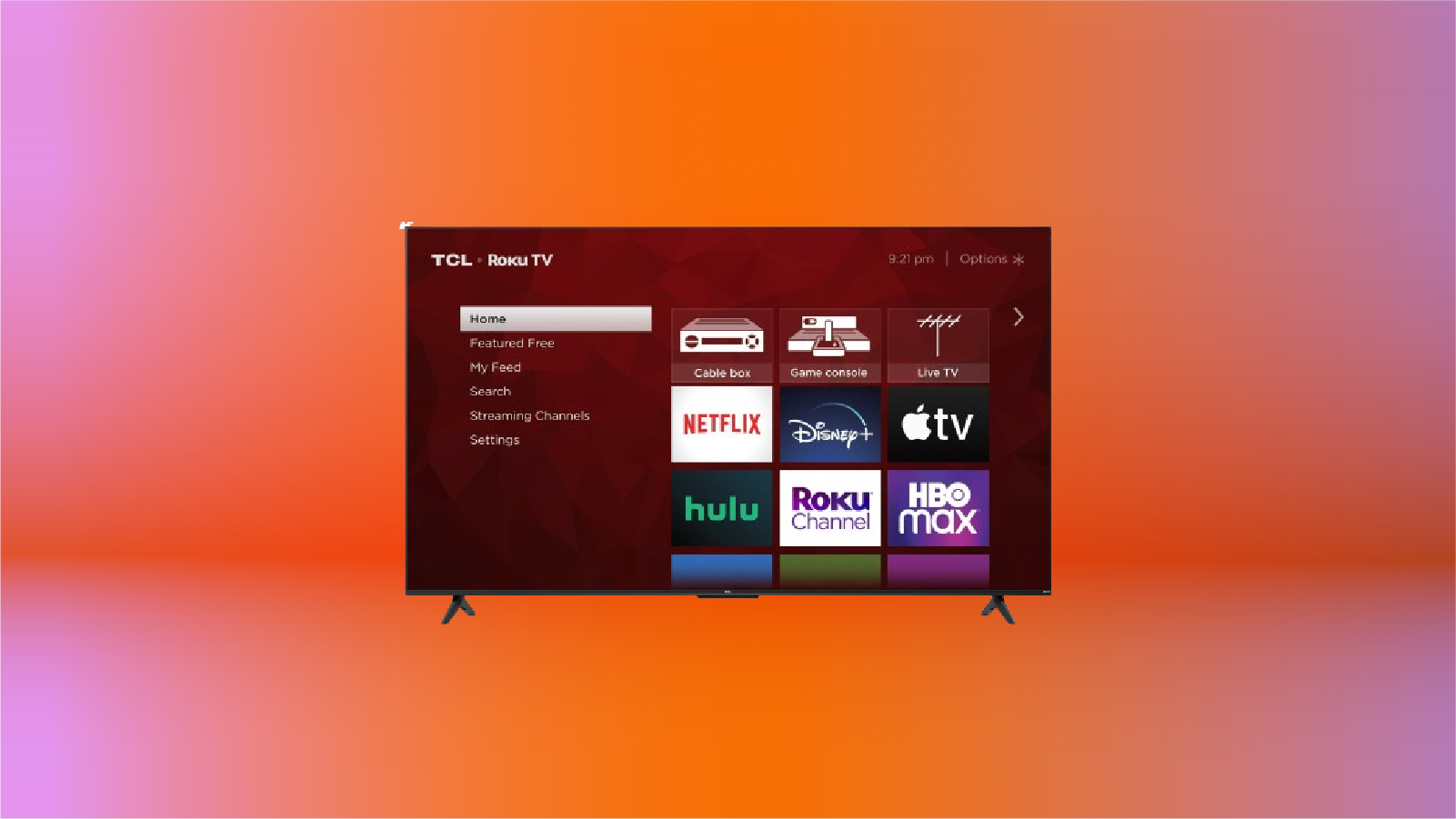 TCL's Series 4 TV showing Roku features on display against an orange and purple gradient background.