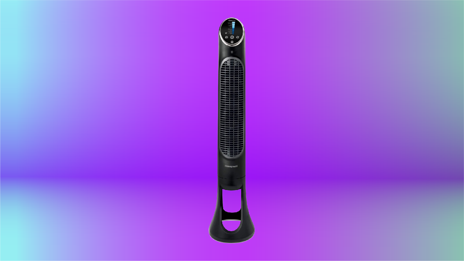 Honeywell QuietSet tower fan on display against purple gradient background.