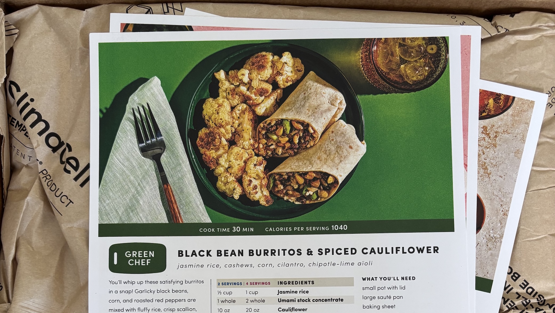 Green Chef Black Bean Burritos Recipe card.