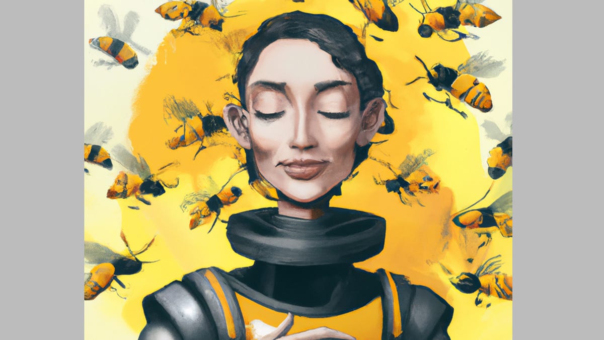 An image generated by DALL-E's open ai art generator is displayed in the style of digital modern art with characteristics of an oil painting in texture and shading. Its composition is akin to the traditional saint iconography of Eastern Orthodox artwork, with the central figure filling the middle third of a symmetrical image, cropped just below the figure's bust line. It depicts a female commander in a yellow and black mechanical suit who is smiling contentedly with her hand over her heart in front of a warm sunny background, emanating around her as an aureola might, while her swarm of protective robotic bee warriors gently circle around her and await her orders.