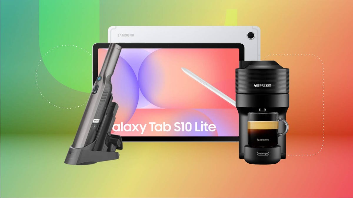 A handheld vacuum, tablet and coffee maker against a green and red gradient CNET background.