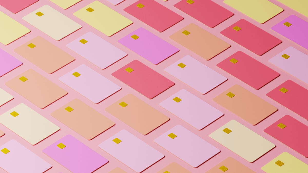 Digitally generated image of isometric colored credit cards