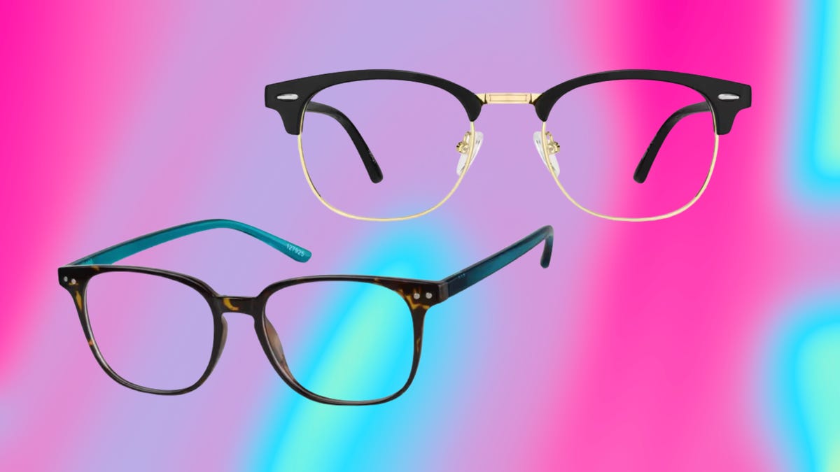 Top right: black glasses with gold frame, bottom left: tortoiseshell glasses. Background: pink and cyan.