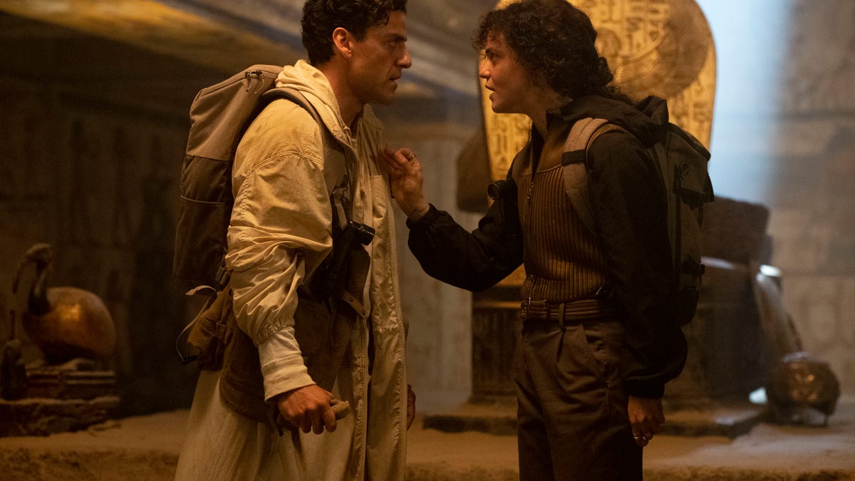 Layla confronts Marc in Alexander the Great's bright sarcophagus chamber in Moon Knight episode 4.