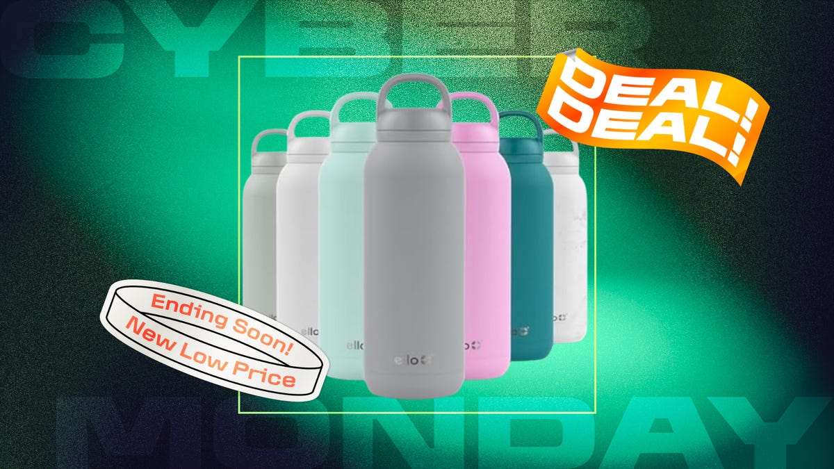 From left: light grey, white, mint green, dark grey, pink, green and beige water bottles. Background: green and dark green/black CNET background.