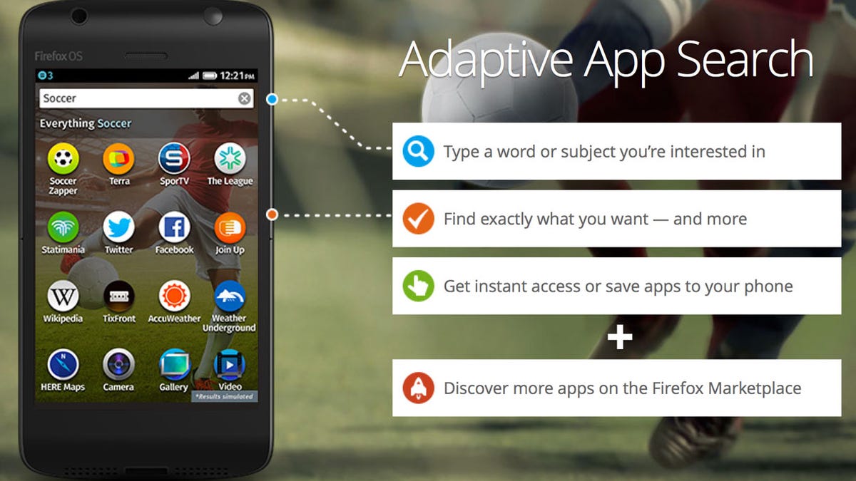 Firefox OS's adaptive app search feature is now front and center with version 1.1 of the operating system. The feature retrieves a list of Web sites and Web apps based on search terms, and if people like the results, they can save apps to their home screen for future use.