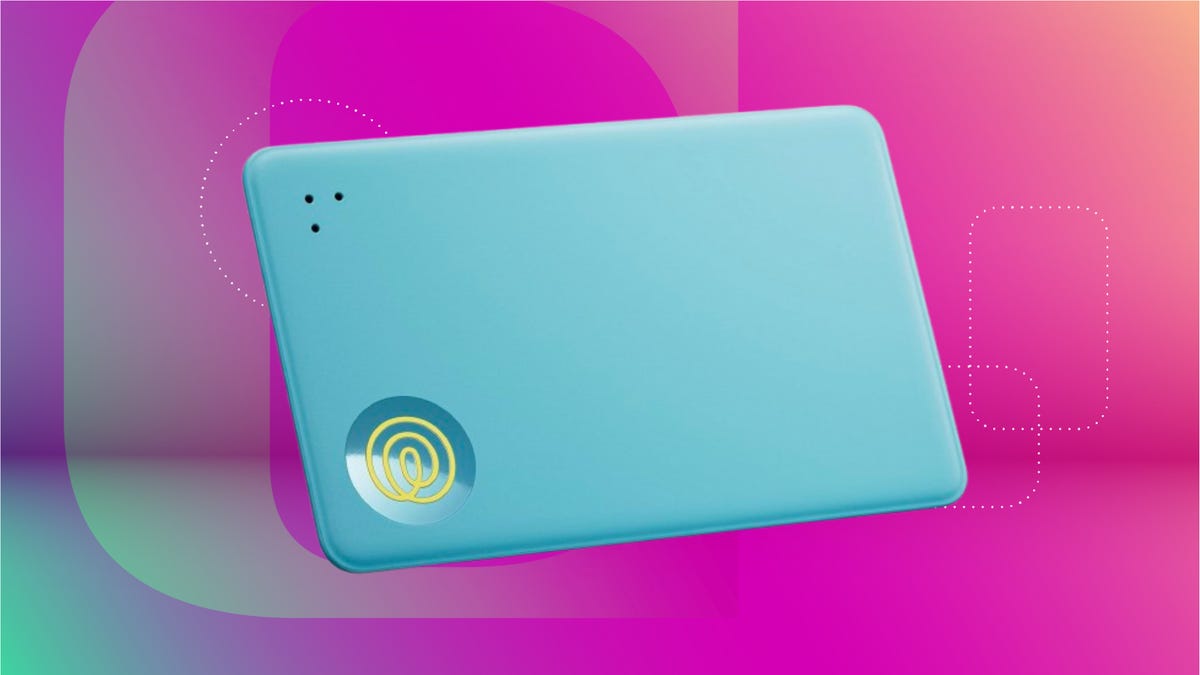 Cyan tile Bluetooth tracker against magenta CNET background.