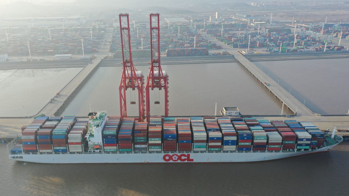 A cargo ship at the Meidong Container Terminal at the Ningbo Zhoushan port in China
