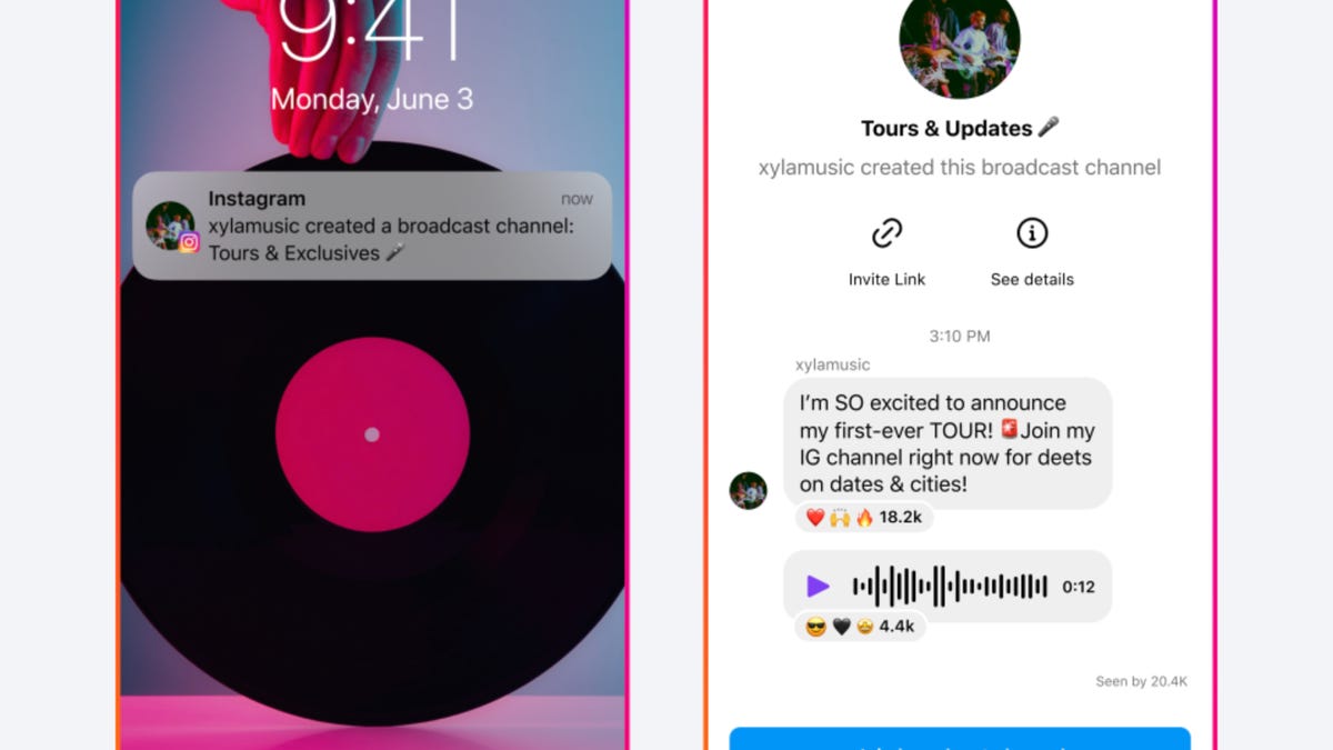 Two smartphone screens, one showing an Instagram Channel notification and one showing messages shared in the Channel