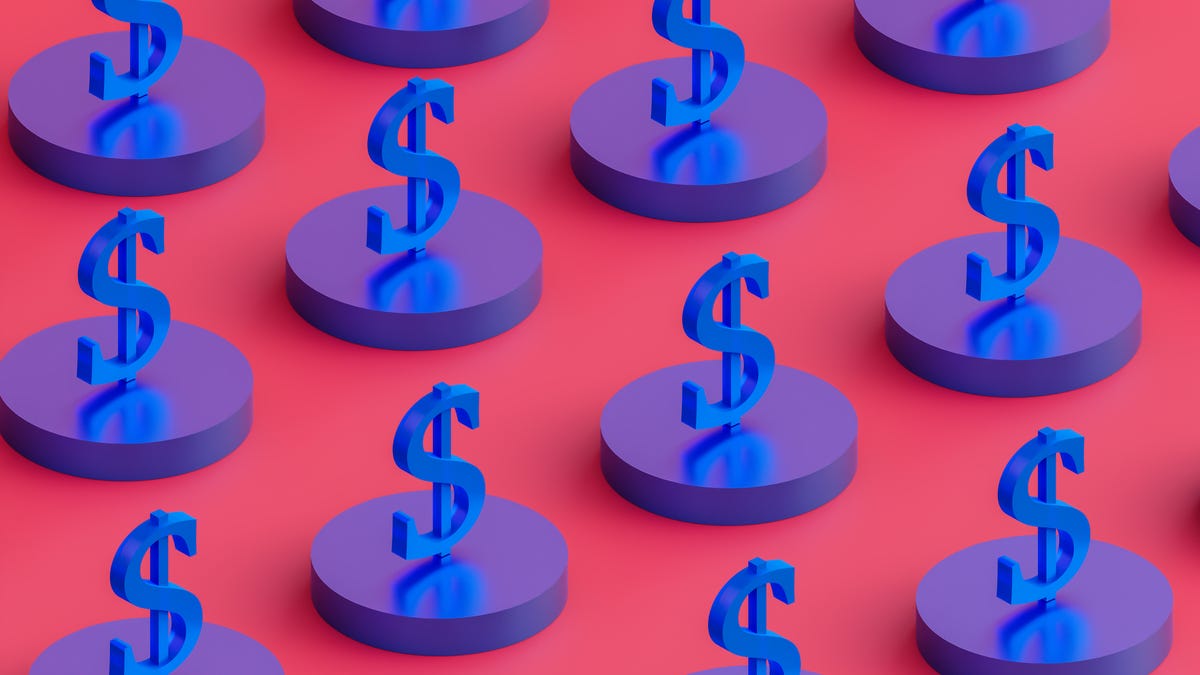 Blue dollar signs, repeated diagonally on a red background