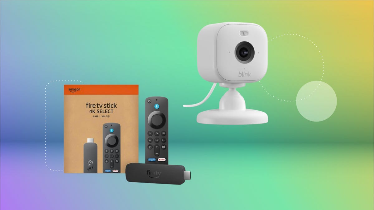 From left: Amazon Fire Stick and white Blnk indoor camera against purple, blue, green and yellow CNET background
