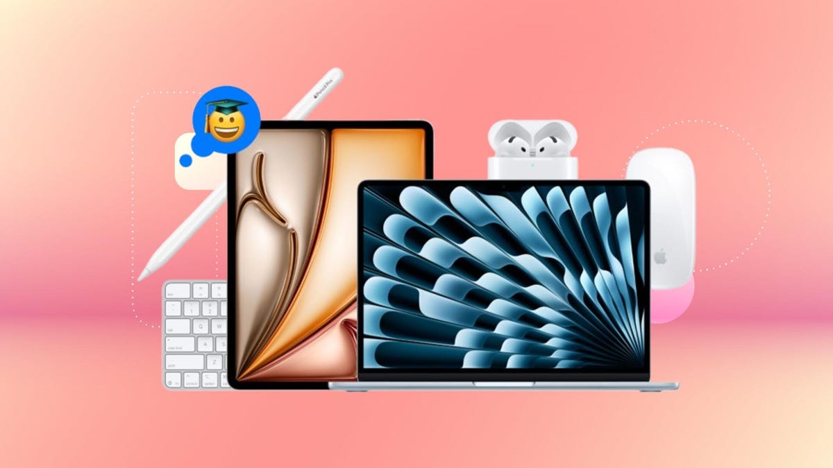Apple iPad, Mac and accessories on a salmon background.