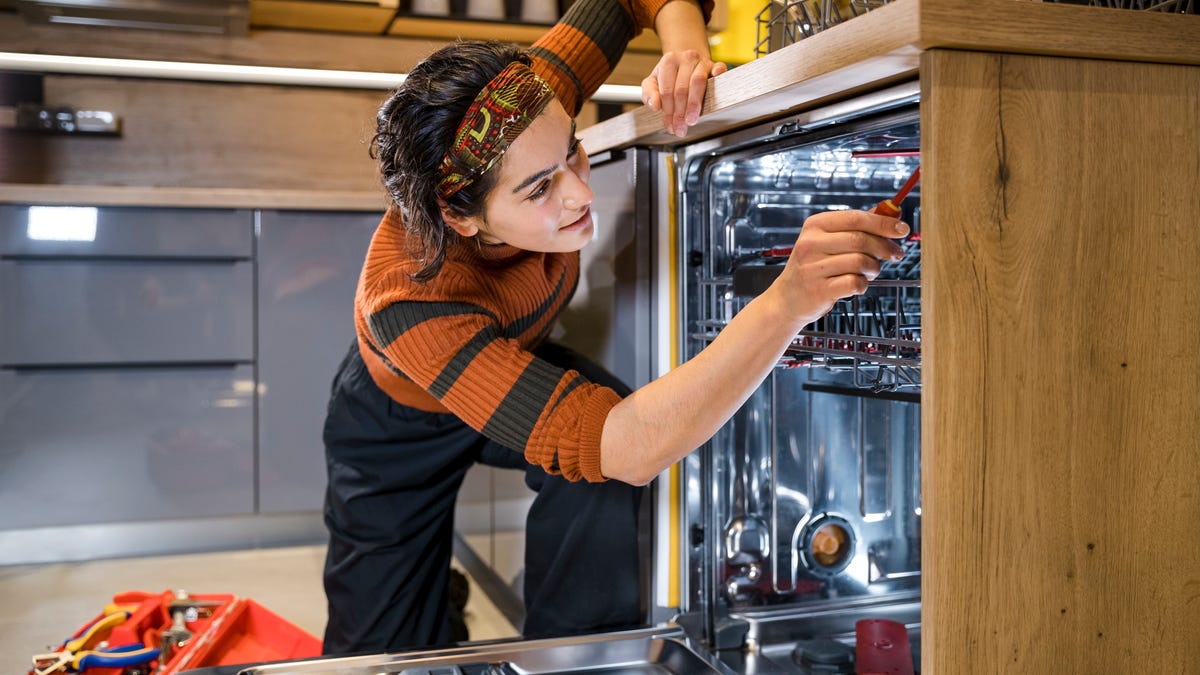 A person installing a dishwasher.