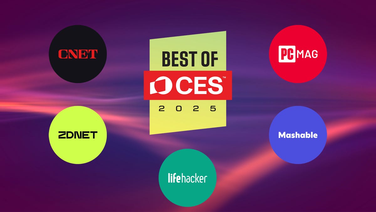 Text in colored blocks and circles that reads "Best of CES 2025" plus CNET, ZDNET, PCMAG, Mashable and Lifehacker