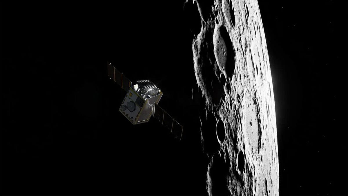 NASA mock-up shows the Lunar Trailblazer spacecraft floating near the moon