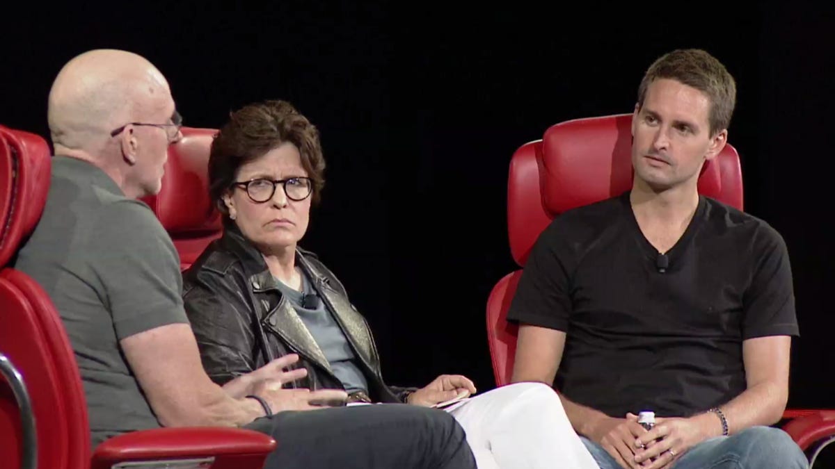 Snap CEO Evan Spiegel speaks with Recode co-founder and tech journalist Kara Swisher and Scott Galloway, a professor at New York University's Stern School of Business, at Vox Media's Code Conference on Wednesday.