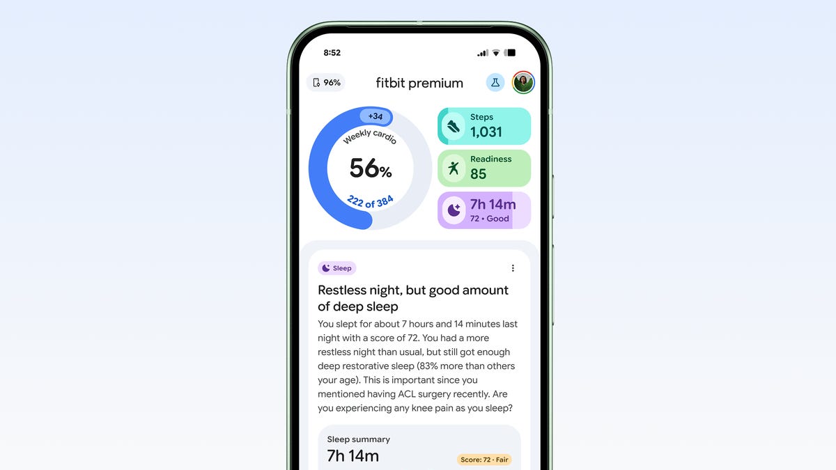 Three phone screens showing Fitbit's sleep, continuous glucose monitor and lab insights with the personal health coach.