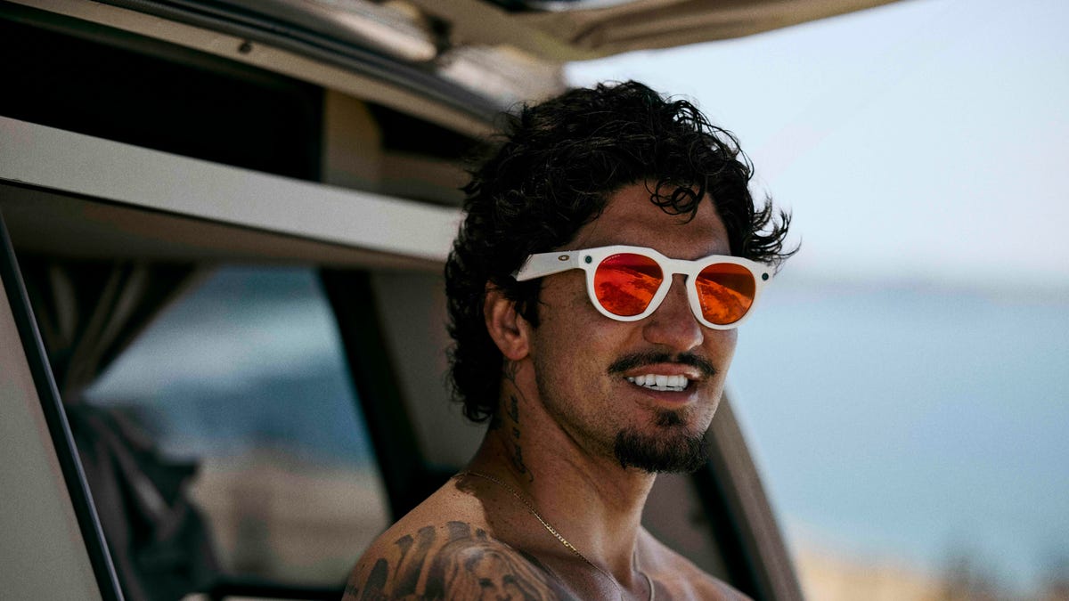 Gabriel Medina wearing white Oakley Meta smart glasses