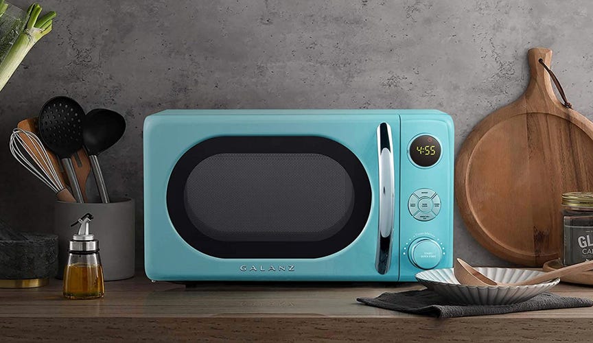 galanz blue microwave on counter