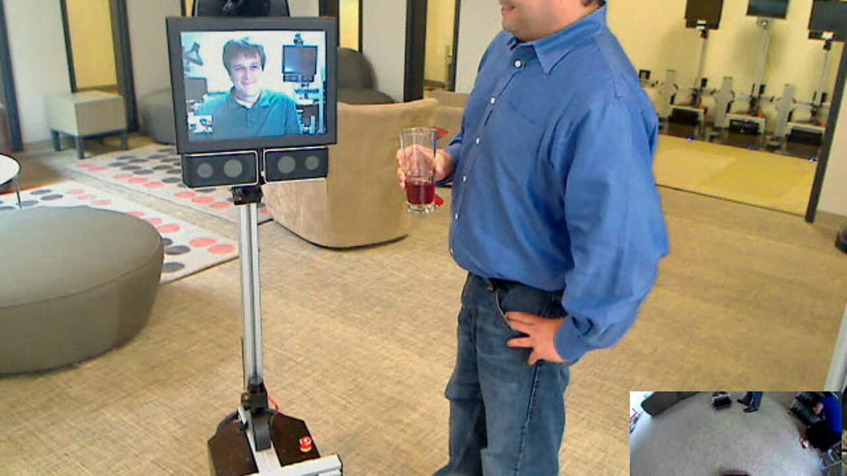 Willow Garage's Dallas Goecker, left, in Indiana, and Sanford Dickert, in California, chat while I take a picture from Canada.