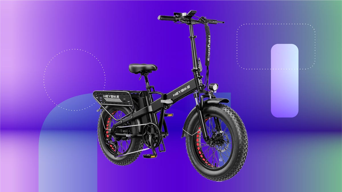 Heybike Mars 2.0 e-bike on blue CNET background