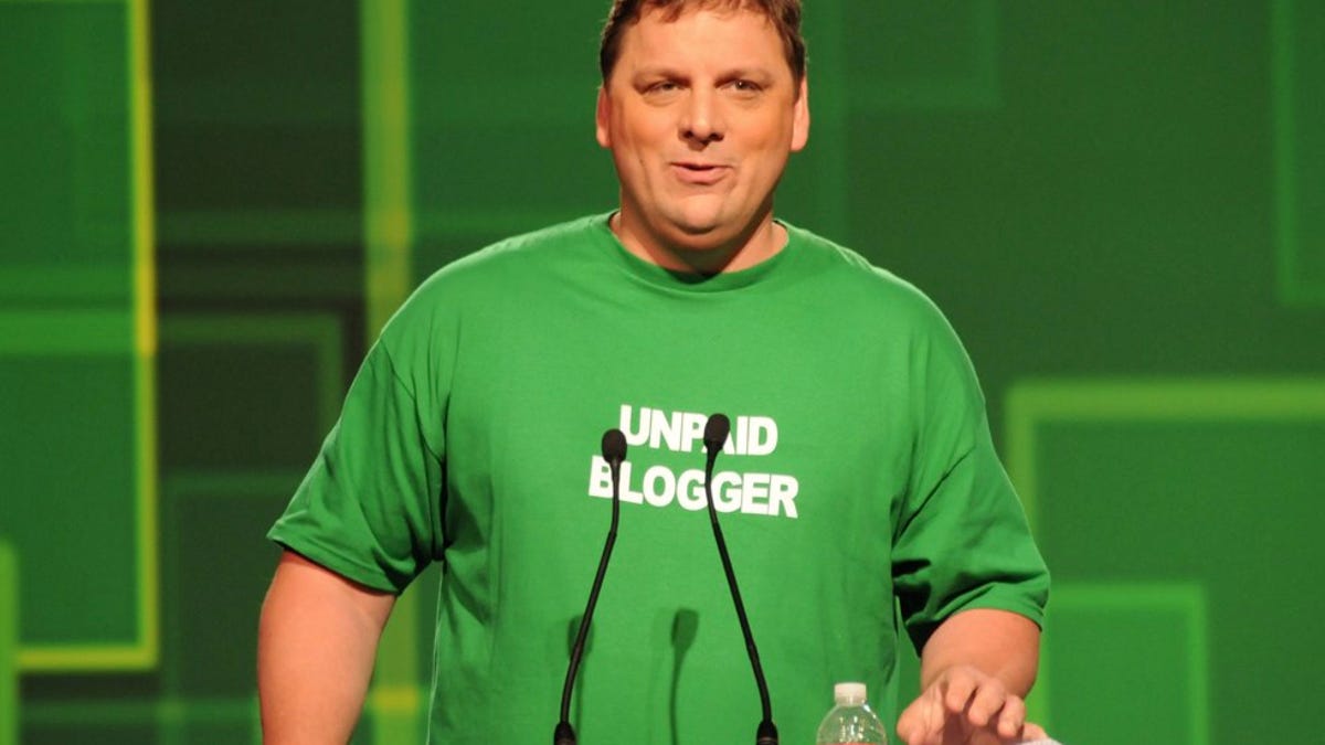 Michael Arrington wearing his "unpaid blogger" shirt at TechCrunch Disrupt today.