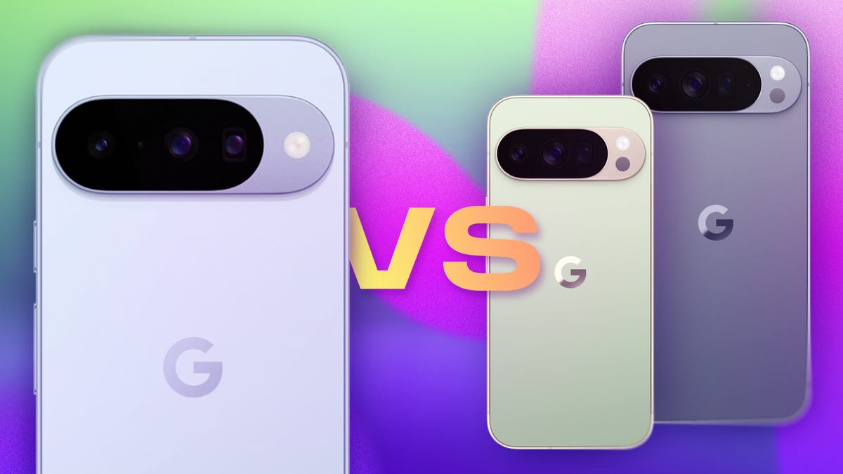 Three Pixel 10 phones with the phrase "vs" between them on a colorful background.