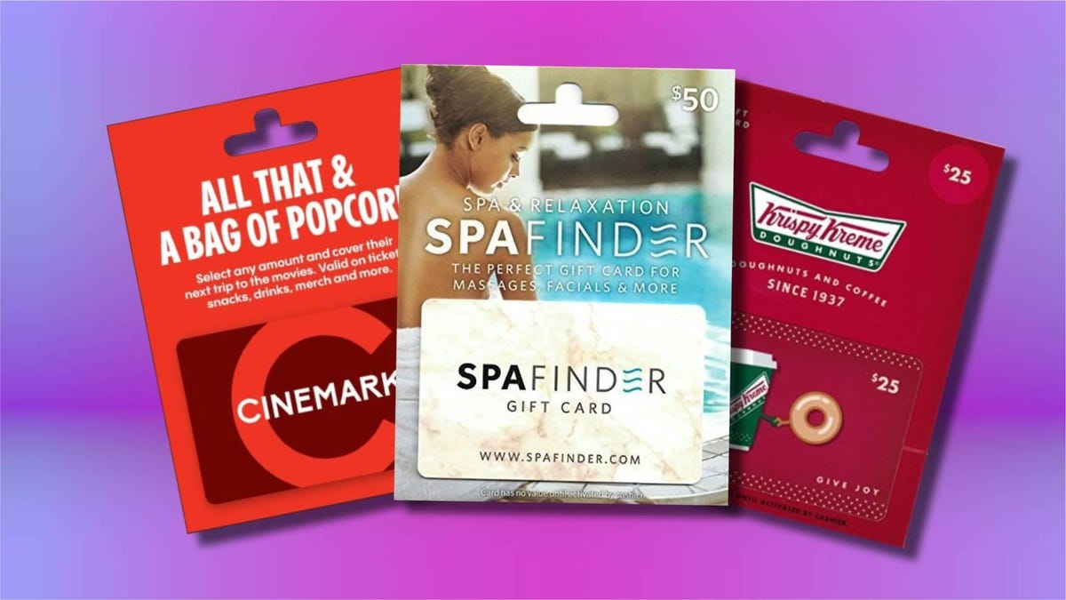 Array of Cinemark, SpaFinder and Krispy Kreme gift cards on display
