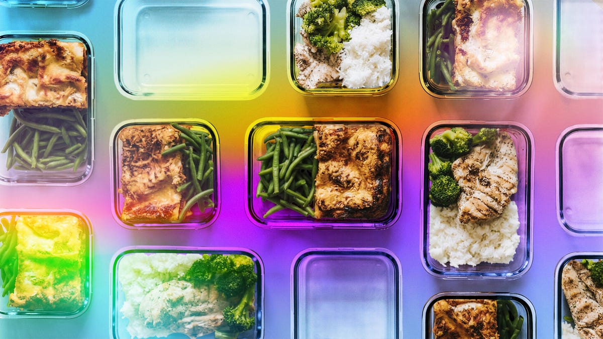 pre-made meals on a colorful background