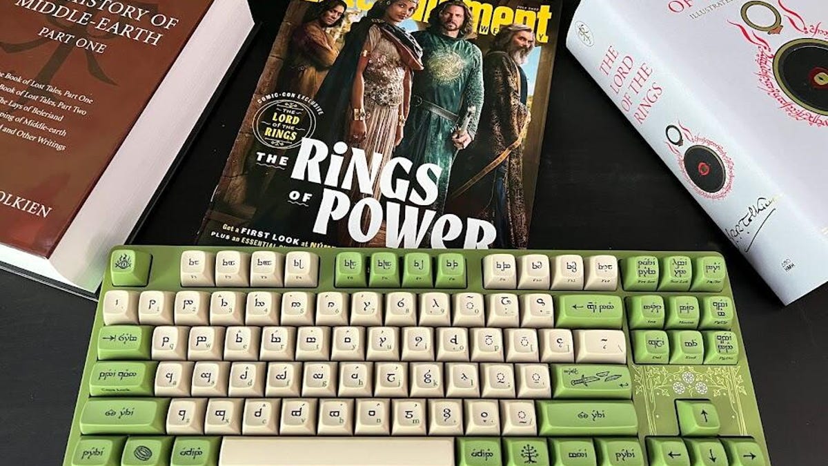 The Elvish keyboard from DROP, with Lord of the Rings and Rings of Power books nearby