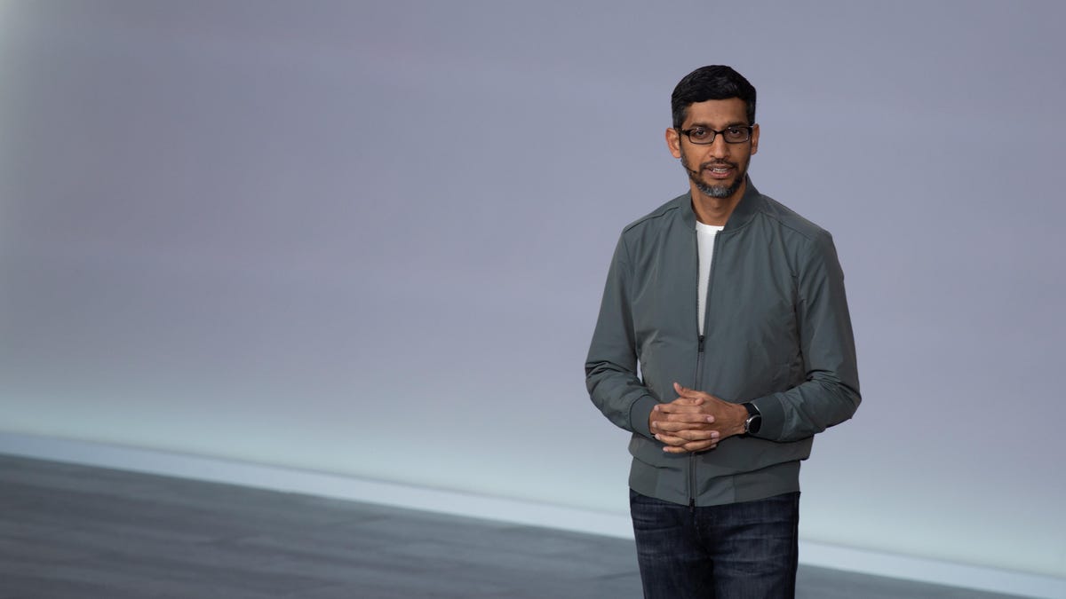 Google CEO Sundar Pichai on stage at Google I/O 2019