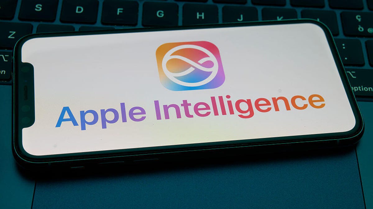 An iPhone displayed horizontally showing the words Apple Intelligence.