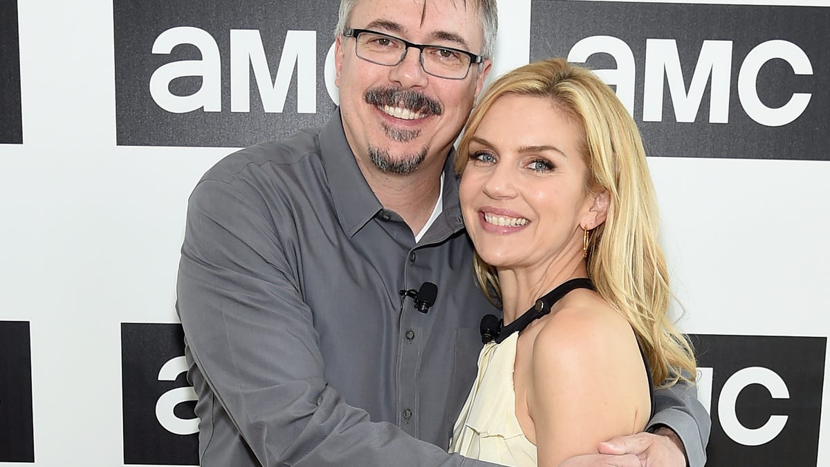 Vince Gilligan and Rhea Seehorn hugging and smiling for the camera.