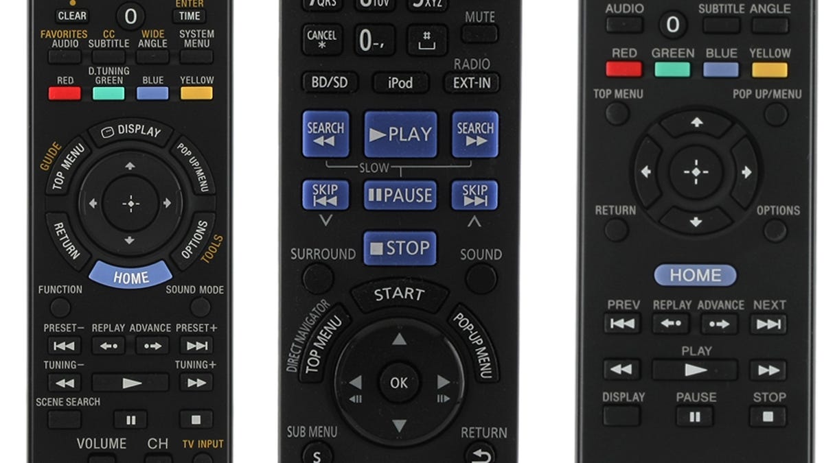 Three remote controls that lack an eject button.