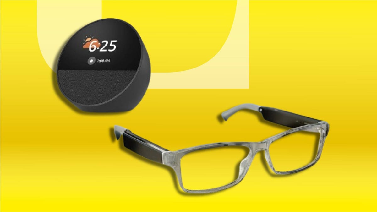 Rounded smart display showing time ‘6:25,’ alarm for ‘7:00 AM,’ and sunny weather icon, placed beside modern eyeglasses with transparent frames and black temples. Set against a bright yellow background.