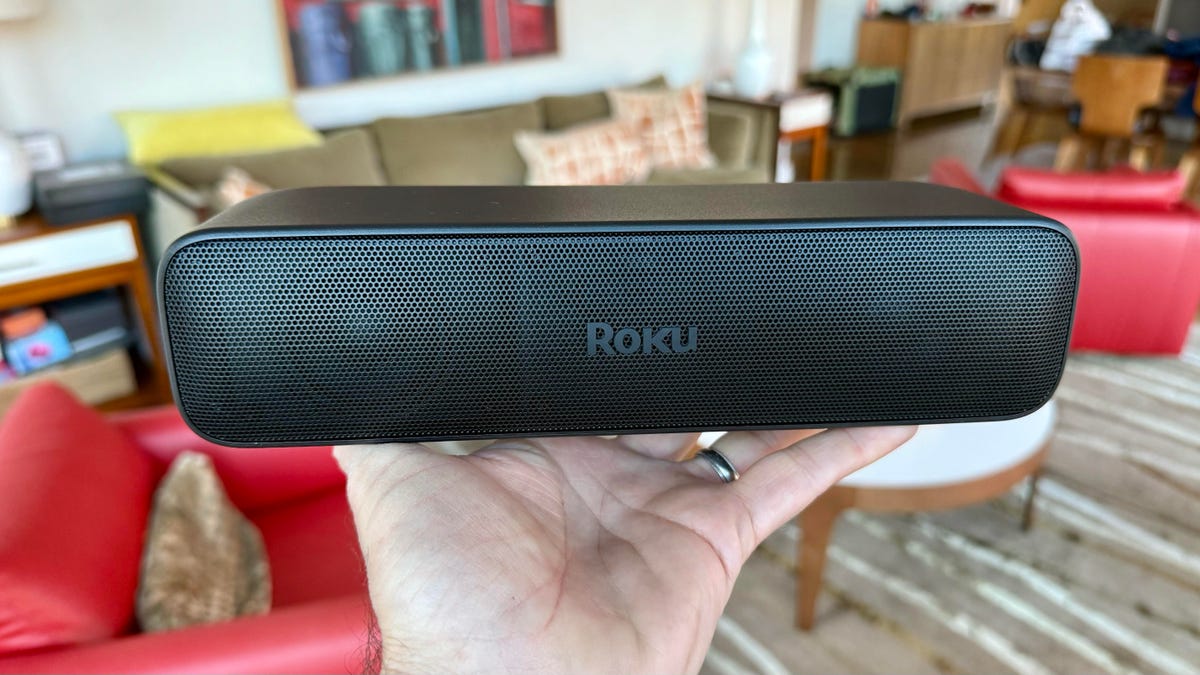 A hand holding a black, oblong, Roku-branded speaker, with a living room visible in the blurred background.
