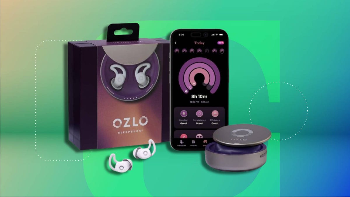 Sleep-focused earbuds with a compact charging case and soft silicone tips for noise masking and overnight comfort on CNET background.