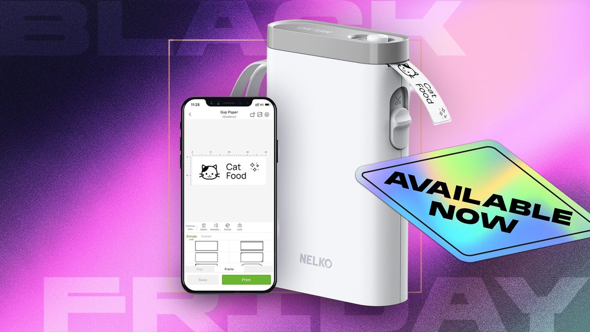 Nelko Label Maker on pink gradient CNET Black Friday deal background. an iridescent tag reads, "Available Now."