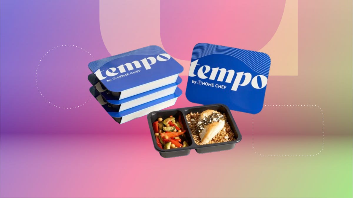 Blue Tempo meal kits with blue lid, open meal kit with vegetables on the left and chicken on the right. Background: purple, pink and green.