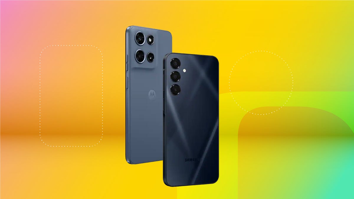 Prepaid AT&T prepaid phones from AT&T, Motorola and Samsung are shown on a gradient orange CNET background.