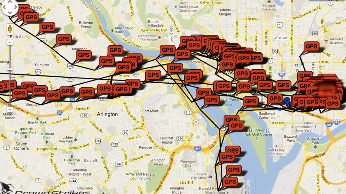 This is a screenshot of the real Command & Control server Alperovitch's team developed for Nickispy and the real-time tracking of an infected phone being monitored in Washington, D.C. The blue "P" represents the location where the device placed a call - clicking on that icon opens up a screen where an attacker could listen to a recording of the call. An attacker could monitor text messages the same way.