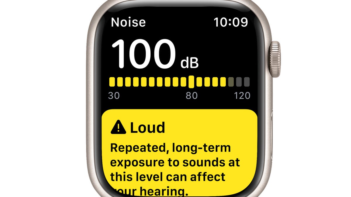 An Apple Watch screen showing a loud noise exposure notification