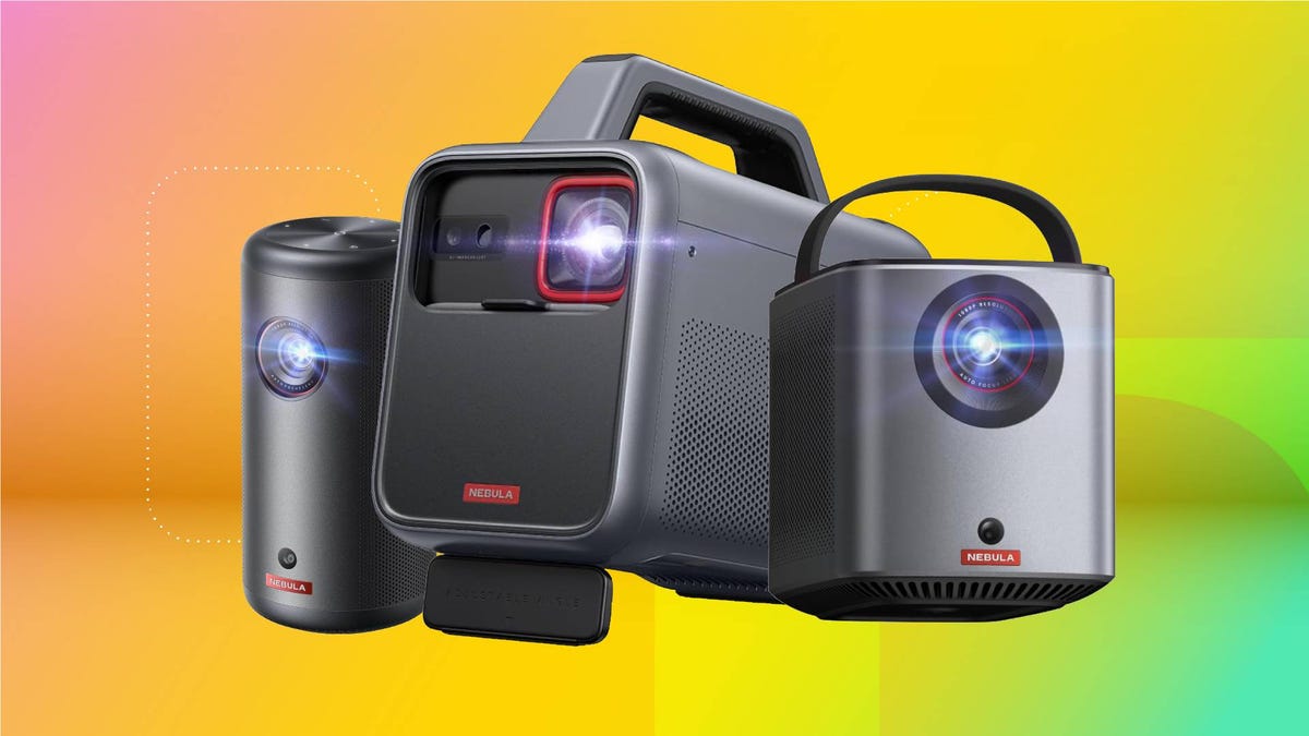 Three Anker projectors against a yellow gradient CNET background.