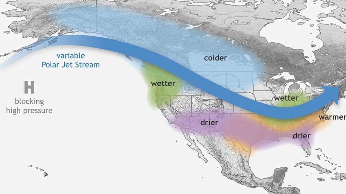 Map of North America with jet stream winds shows as a blue arrow sweeping across northern US and drier conditions noted below.