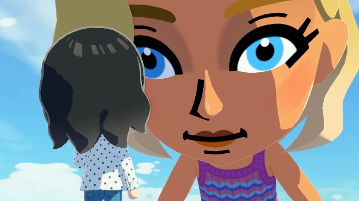 a screenshot from tomodachi life for the switch of one giant character talking to a normal size character