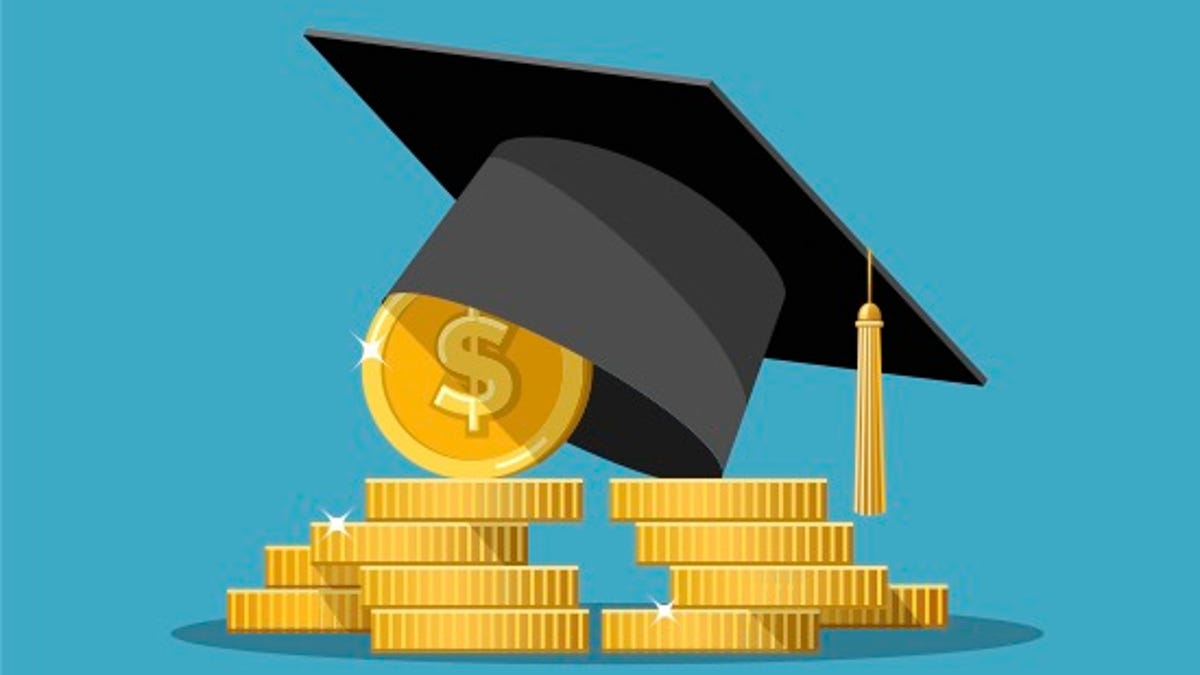 An illustration of a graduation cap on top of gold coins