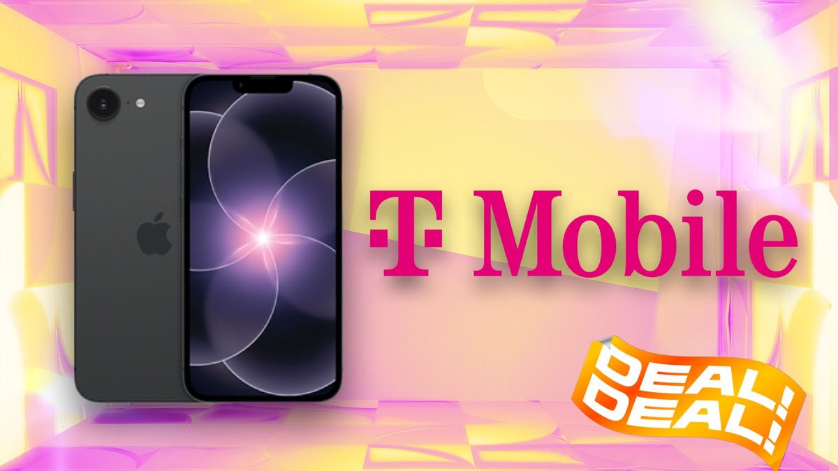 front and back of iPhone 17E with T-Mobile logo against a purple and yellow CNET background.