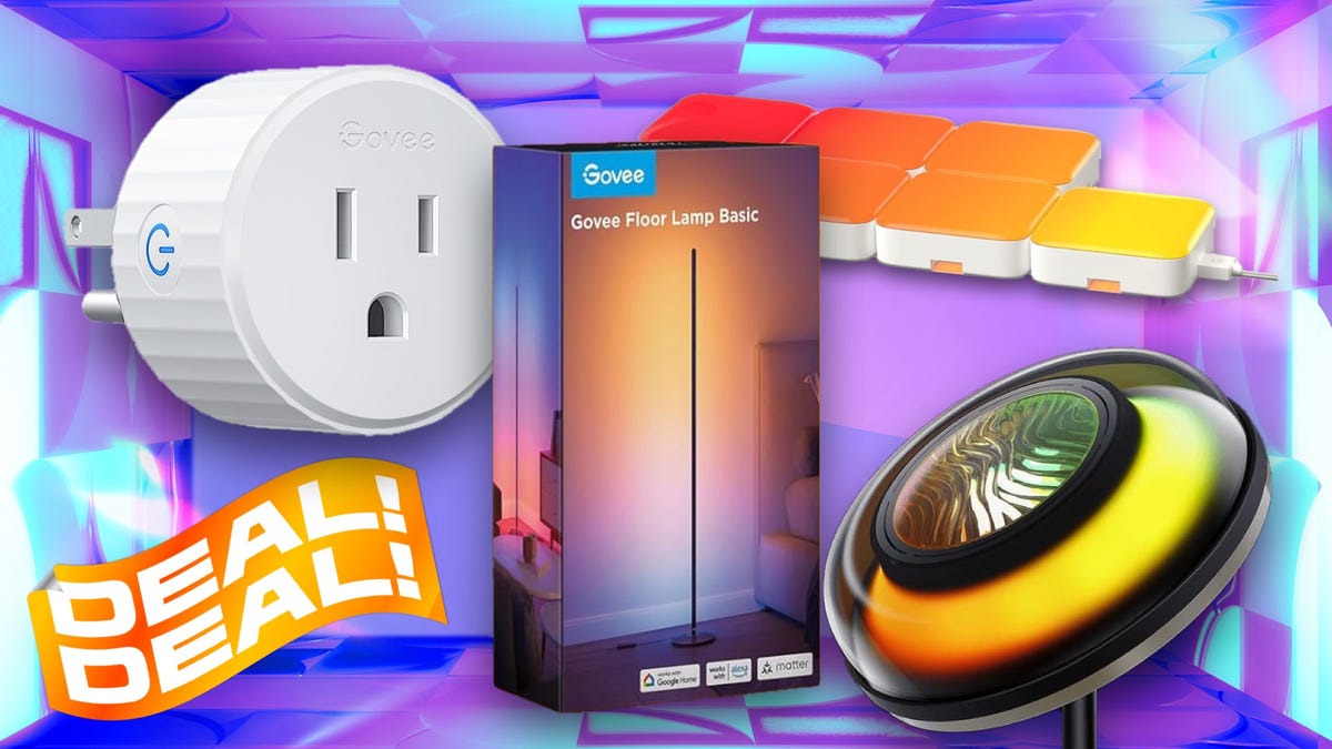 A box and pair of smart lights against a purple CNET background.