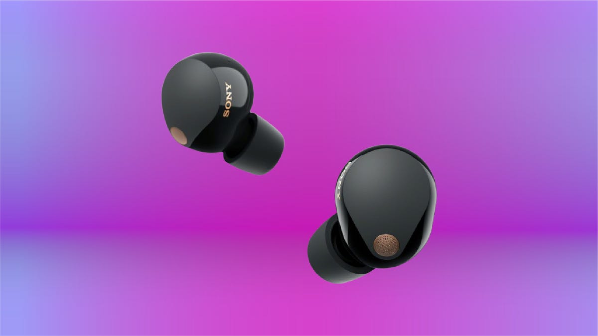 Black earbuds with the Sony logo and bronze speakers, set against a purple, pink and green gradient background.